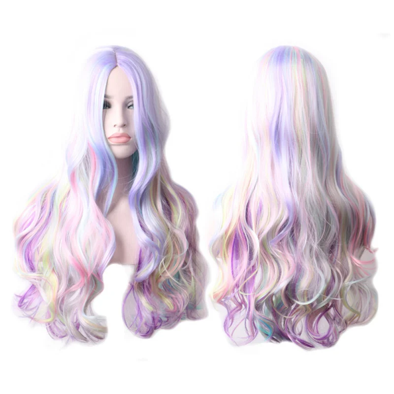 

Красочный женский парик в европейском и американском стиле, средняя часть, длинные вьющиеся волосы, синтетический парик, полное покрытие головы, большие волны