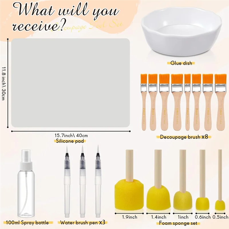 19종 필수 데쿠파주 도구 세트 실리콘 테이블 매트, 폼 브러쉬, 데쿠파주 브러쉬, DIY 미술 및 공예용 물펜