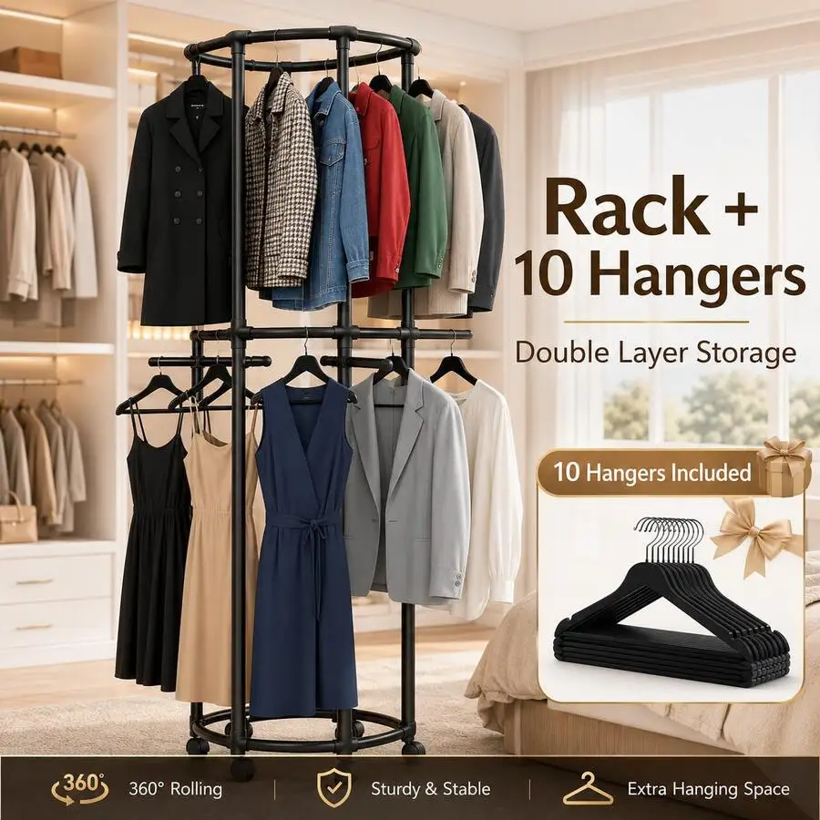 Pxxq 2 Layers Clothes Rack With 10 Free Hangers, Hexagonal Rotating Garment Rack With Wheels, Large Capacity Closet Organizer, H