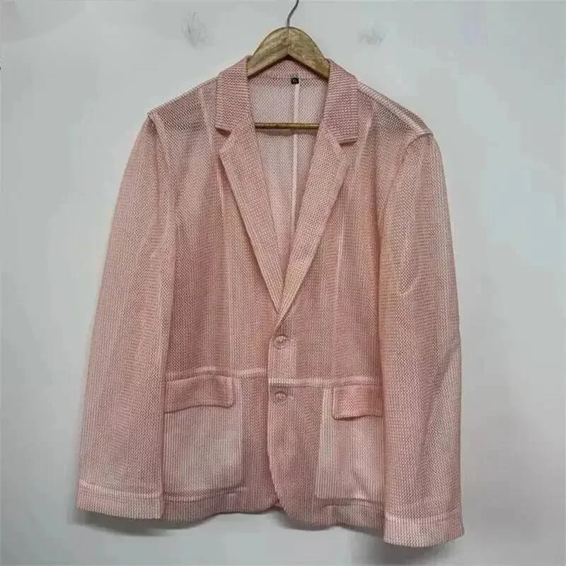 Mesh Hollow-out Trendy Men's Suit Jacket Simple Design Long Sleeve Solid Color Pocket Layered Casual Male Blazer V45G