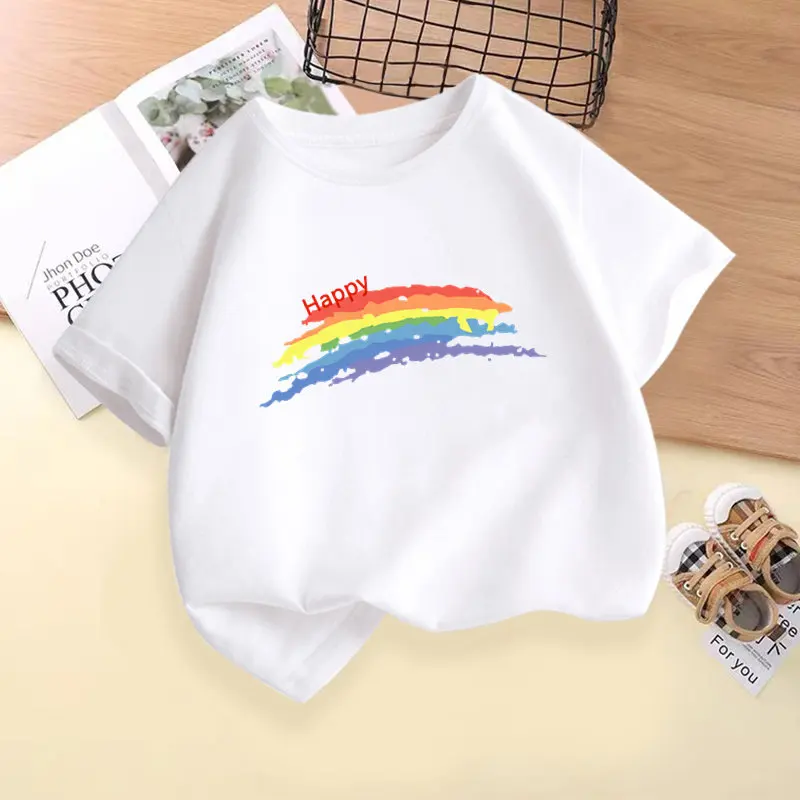 Summer New Personalized Children's T-shirt Rainbow Sun Print Pure Cotton T-shirt Parent-child Wear Trendy Brand Round Neck Top