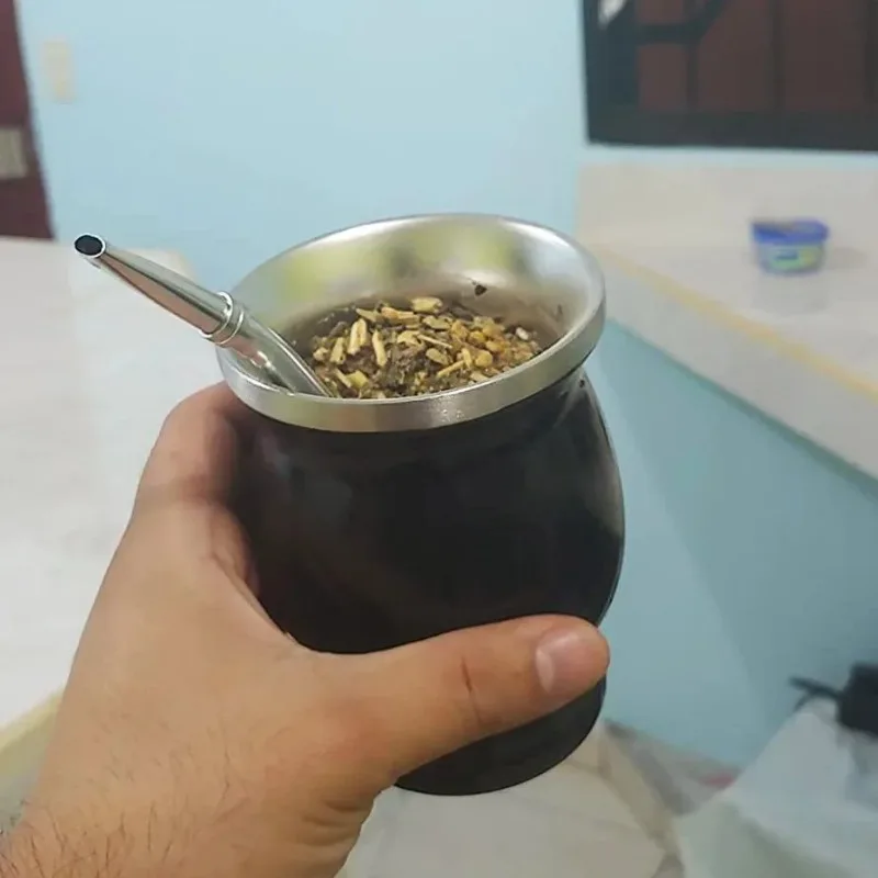 304 Stainless Steel Yerba Mate Cup 8oz Double Wall Argentine Gourd With Bombillas and Cleaning Brush