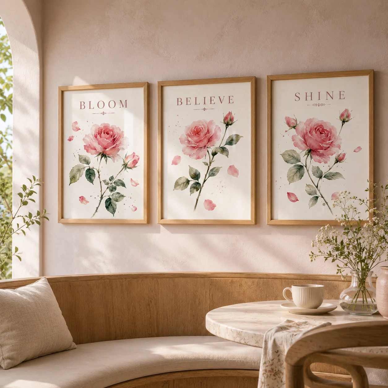 Nordic Rose Wall Art Pink Flower Canvas Painting Inspirational Quote Poster Living Room Wall Decor