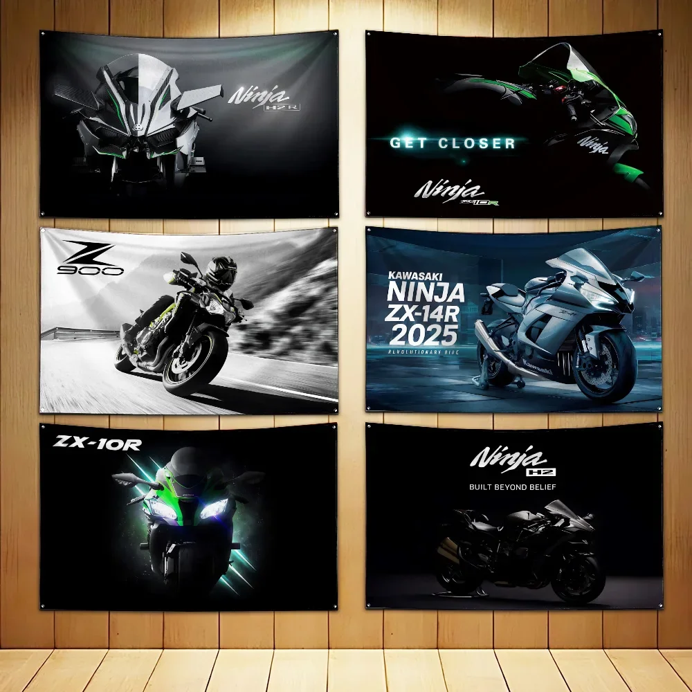 Moto Niaja H2 ZX10R Z900 Flag Polyester Digital Printing Banner for K-kawasakis Garage Wall Art Out Door Decoration Grommets