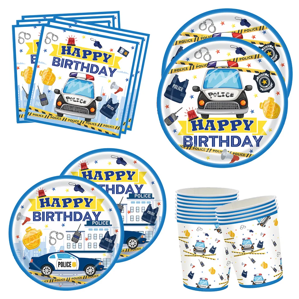 Police Officer and Car Theme Birthday Paper Plates and Napkins Cups Disposable Party Tableware Kids Boys Police Party Supplie