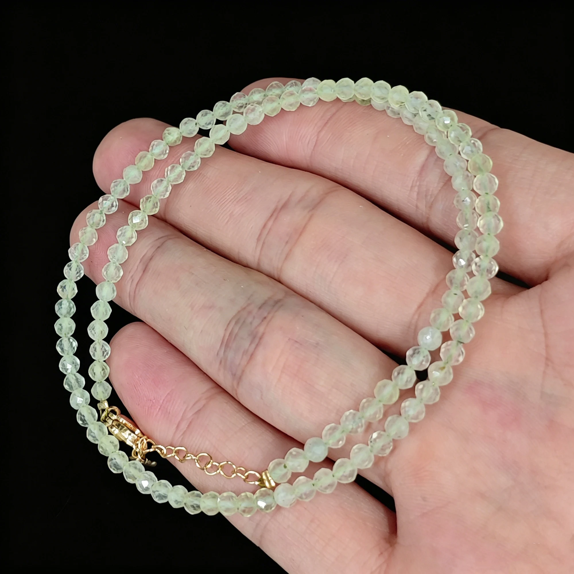 Natural Prehnite Faceted Micro Beads Bracelet Gold Tone Clasp Light Green Gemstone Delicate Strand Jewelry for Women