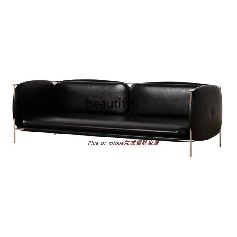 

Italian minimalist sofa multi-person light luxury medium and ancient stainless steel modern tofu block leather sofa