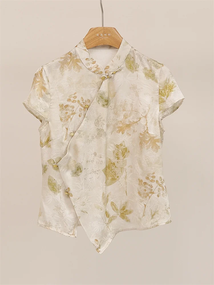 

Silk Embroidered Blouse Women's Stand Collar Asymmetrical ort Sve Traditional Chinese Sle Top Fanyoo Summer 2025