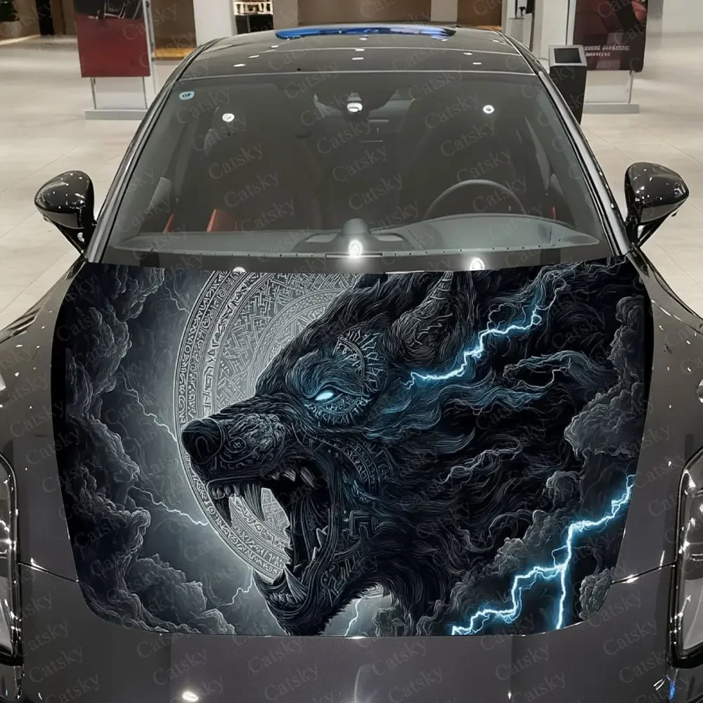 Furious Dark Wolf with Lightning Car Vinyl Wrap, PVC Waterproof Car Hood Sticker, Self-Adhesive Scratch-Resistant Stickers
