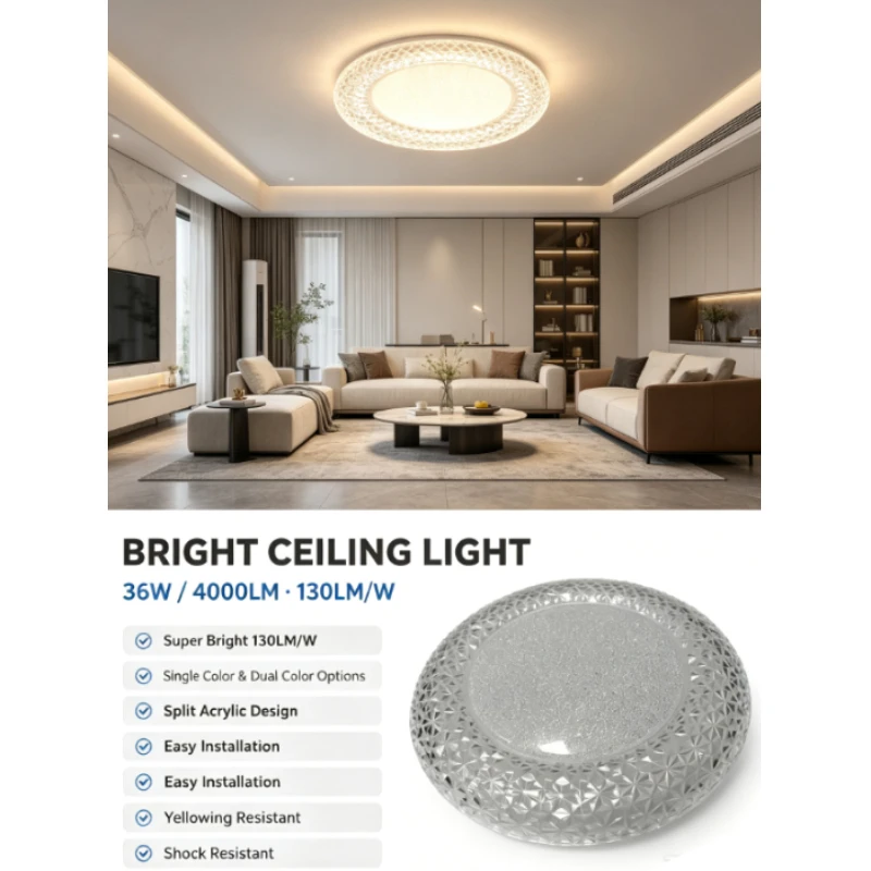 Modern Led Ceiling Light Round Fixture With Diamond Cut Crystal Rim And Sparkle Panel For Living Room Bedroom Luxury Home