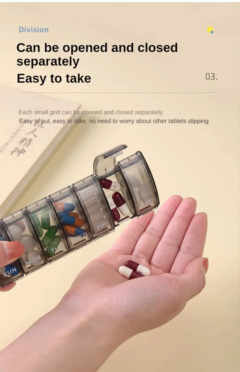Pillendose für 7 Tage, Medikamentenbox, Wöchentlicher Pillenorganizer für Vitamine, Fischöle, Nahrungsergänzungsmittel und Medikamente für Reisen und Arbeit – Detail 5