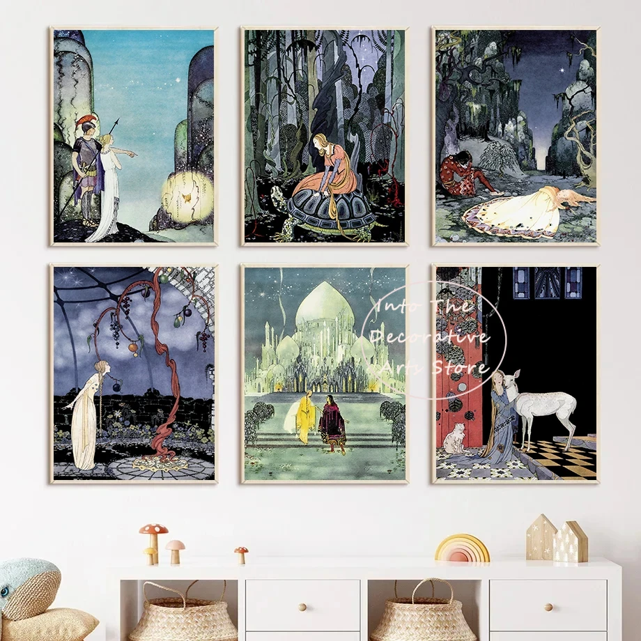 Canvas Painting Classic Nordic Fantasy Fairy Tale Art Princess Prince Retro Illustrations Poster Wall Art Home Decor Wall Decor