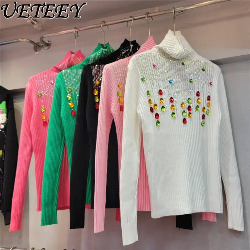 Heavy Embroidery Hot Drilling Beaded Bottoming Sweater Women's Tight Turtleneck Pullover Slimming Autumn and Winter Undershirt