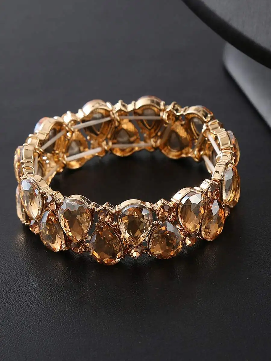 

Amber-Hued Faceted Crystal Elastic Bracelet In Gold-Tone Alloy, Stylish For Weddings, Parties, Daily Use Or As A Thoughtful Gift
