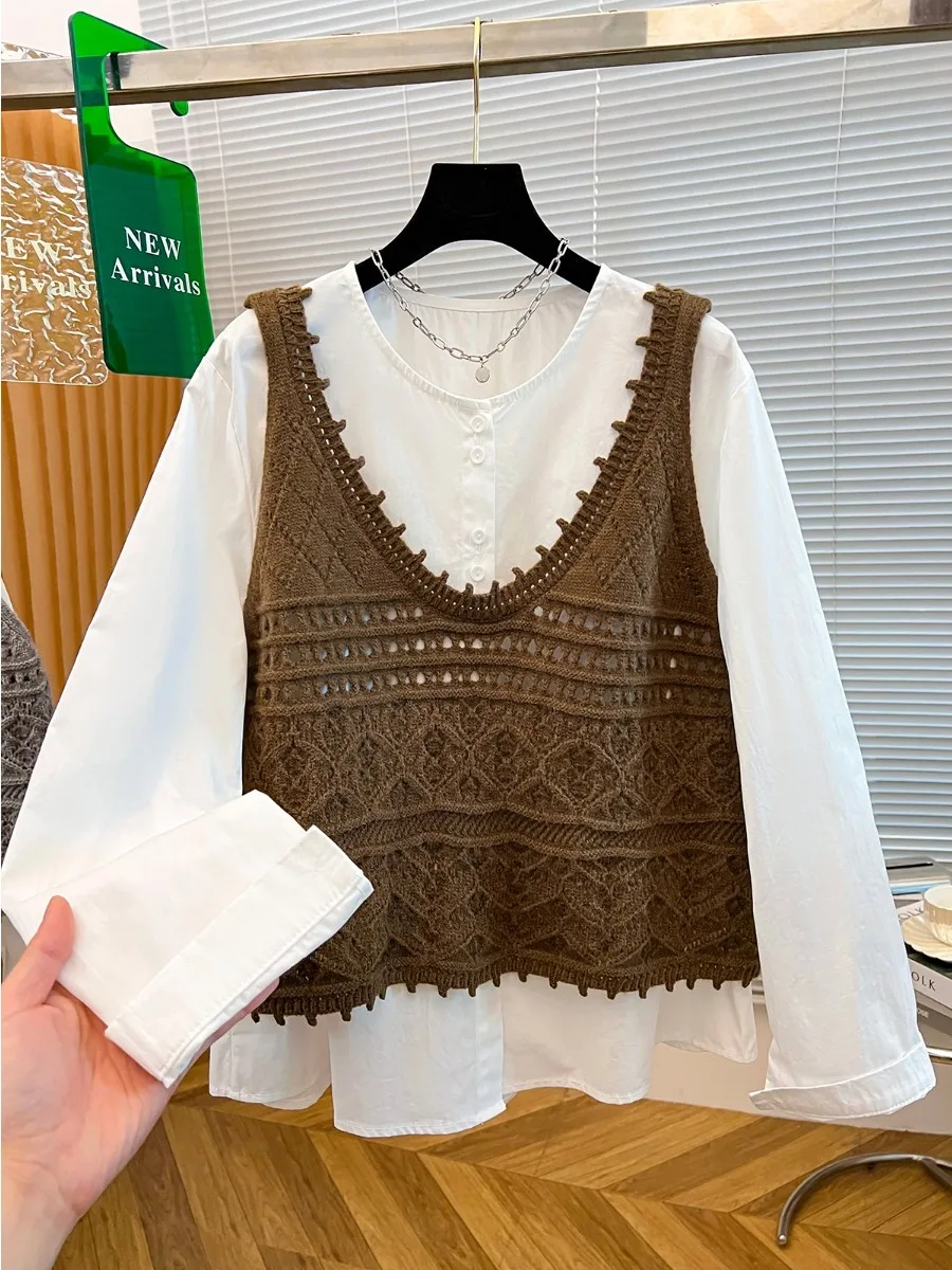 

Ранняя осень 2024, свободный повседневный морской утягивающий вязаный жилет, комплект из двух предметов, модный корейский женский повседневный жилет irt