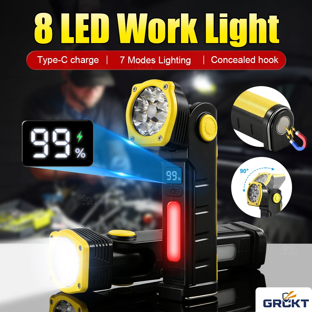 8LED High Power Flashlight LED Work Light Rechargeable Portable Flashlight With Magnetic Hook 18650 Battery Torch For Car Repair
