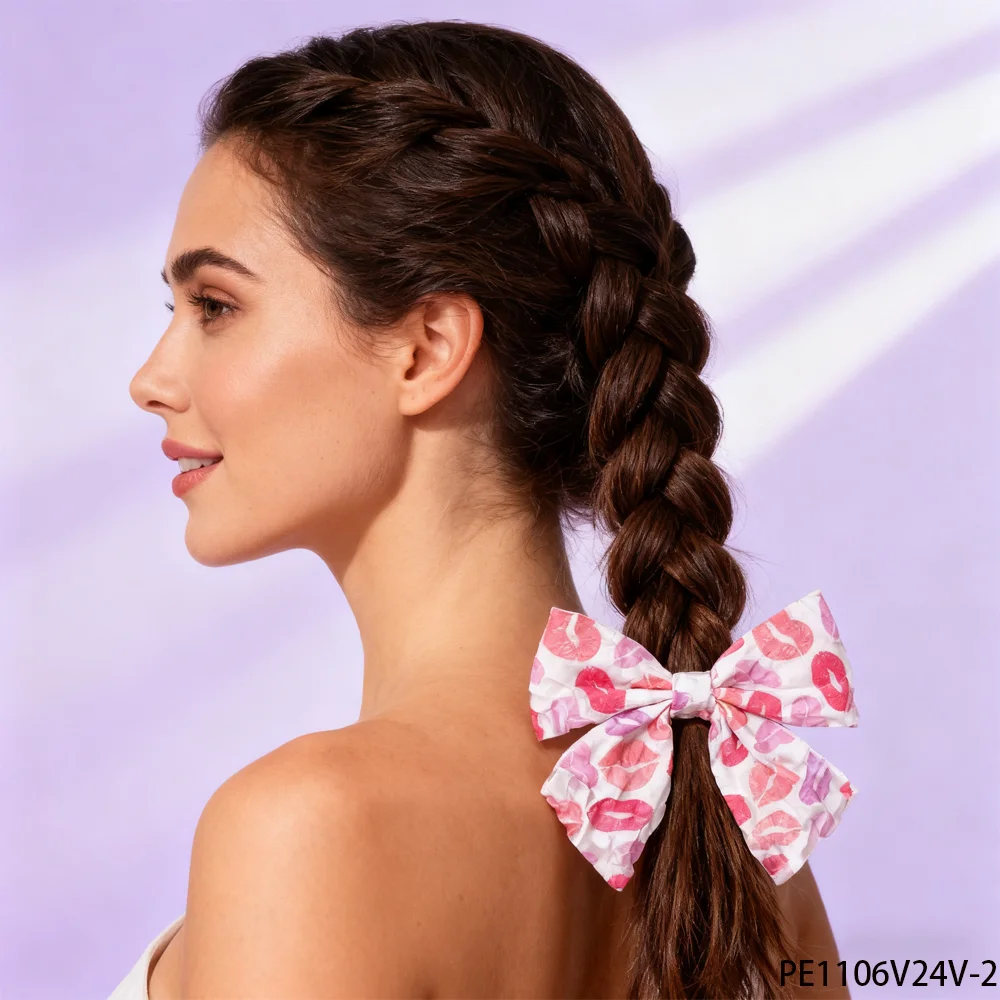 

PESENAR This hair accessory is a pink and white bow style printed with a romantic lipstick pattern suitable for Valentine's Day