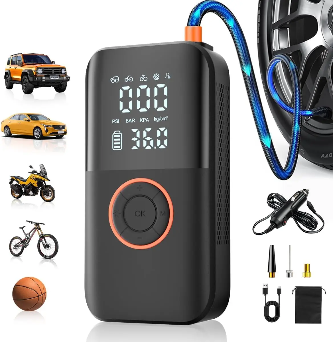 

Портативный воздушный компрессор, беспроводной насос для шин 150PSI с двойным питанием и LED-подсветкой для автомобилей, велосипедов, мячей