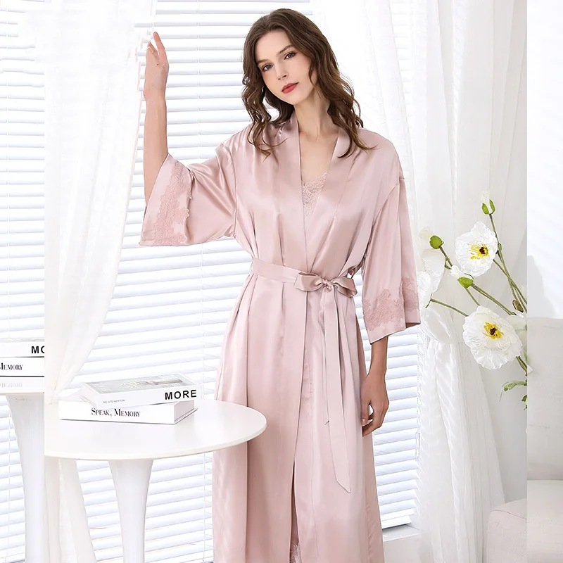 New Arrival Custom Lace Solid Color Luxury 100% Mulberry Silk Pajamas Comfortable Silk Sleeping Robe Set