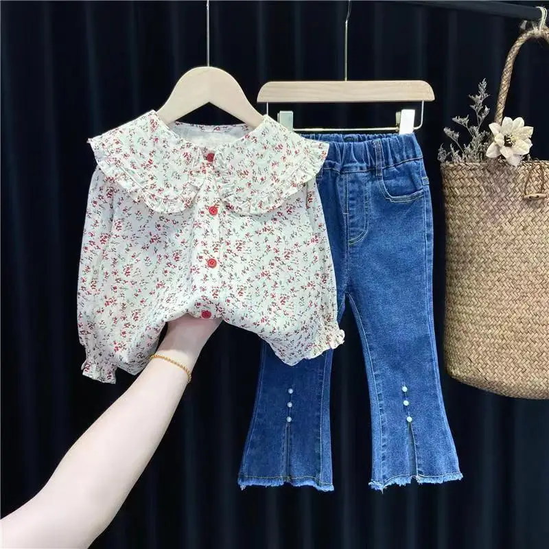 

Girls' Spring and Autumn Suit New Fashion Fashionable Kids long-sleeved Shirt Jeans Flared PantsTwo-p iece Set Girl Clothes Set