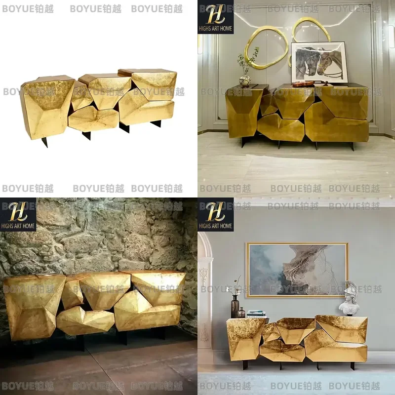 Luxury Solid Wood Sideboard Artistic Irregular Dining Cabinet High End Creative Storage Console for Villa Home Decor