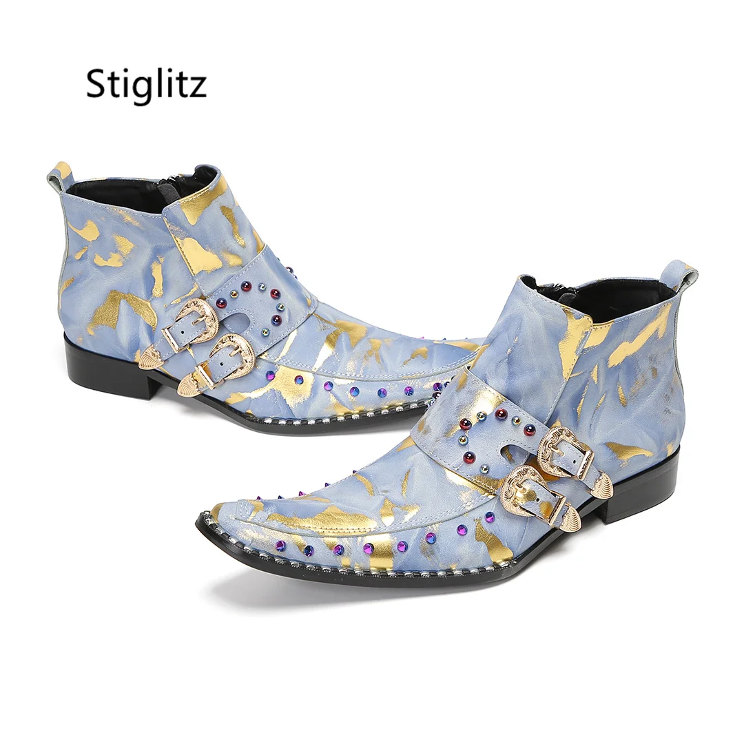 Double Buckle Print Men's Boots Square Toe Rivet Genuine Leather Ankle Boots British Style Party Wedding Shoes for Men Side Zip