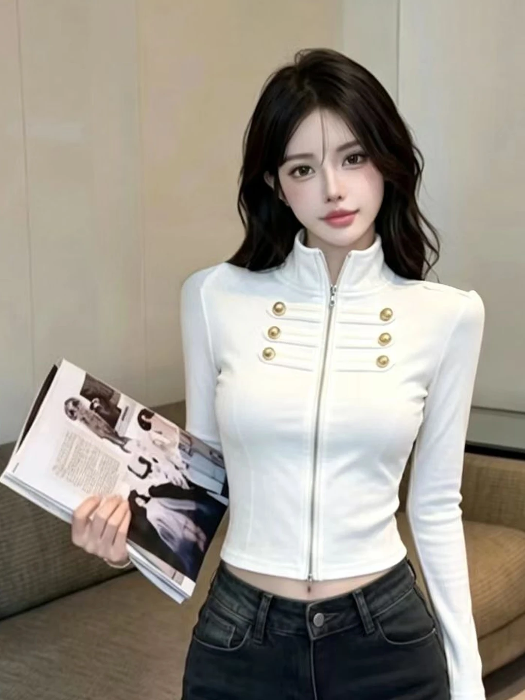 Early Autumn Fashionable Spicy Short Sleeve Zipper Design Slim Fit Short Length Stand Collar Patchwork Heavy Duty T-Shirt for...