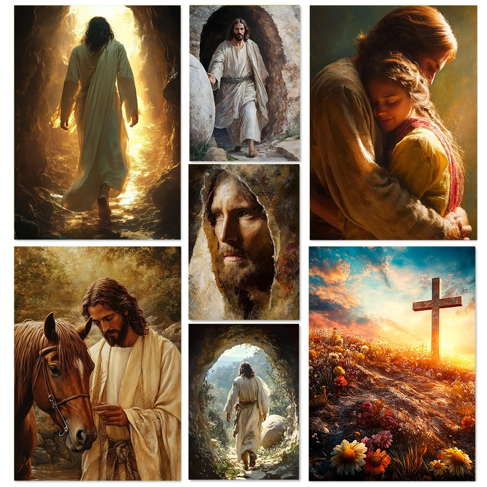 Póster de pintura al óleo con retrato de Jesús, estética de arte cristiano religioso Retro, galería impresa en lienzo, decoración de pared del dormitorio y sala de estar para el hogar