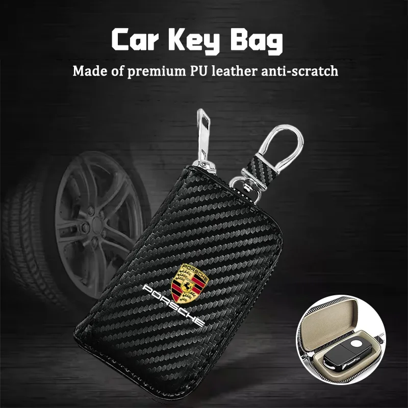 

Car Sticker For Porsche Carbon Fiber Leather Car Key Box Cover Keychain for Porsche Panamera Cayenne Taycan 911 718 Macan Carrer