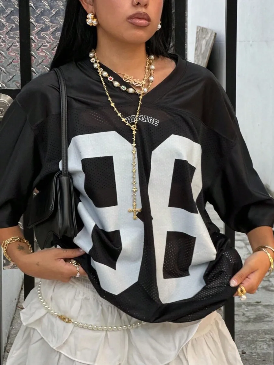 

Plus Size Casual Dropped Shoulder Numeric Print Short Sleeve T-Shirt Summer