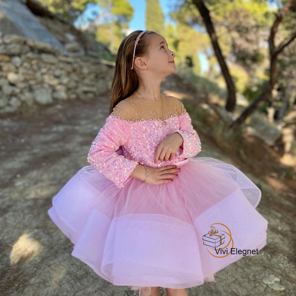 Pink Full Sleeve Flower Girls Dresses for Girls 2023 Summer New Tiered Soft Tulle Christmas Gowns for Baby فلور فتاة اللباس