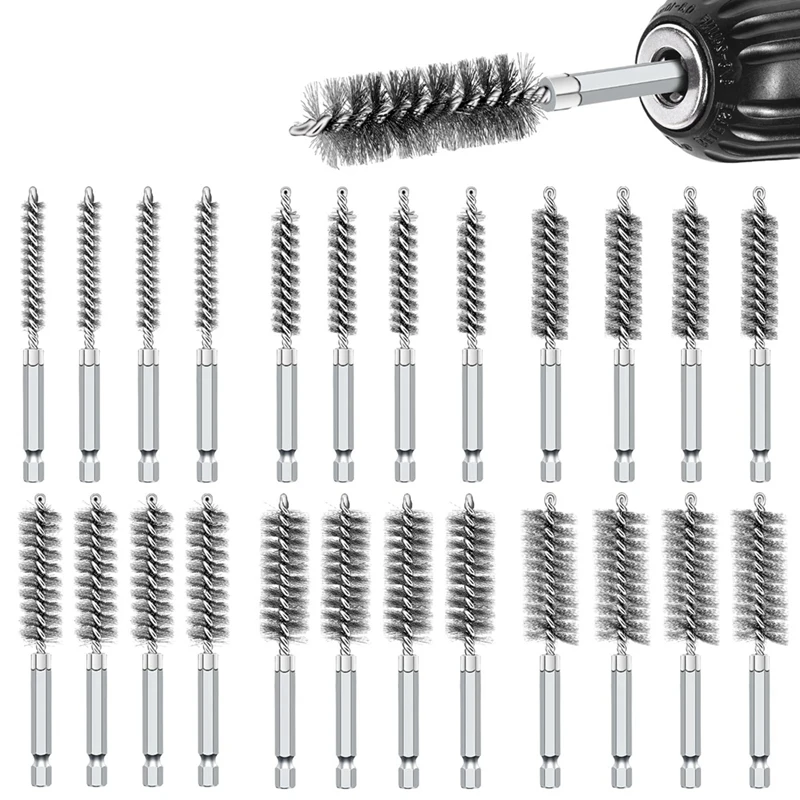 24 Piece Wire Bore Brushes Set For Power Drill, Silver Stainless Steel For Tubes Pipe Cleaning(8/10/12/15/17/19MM)