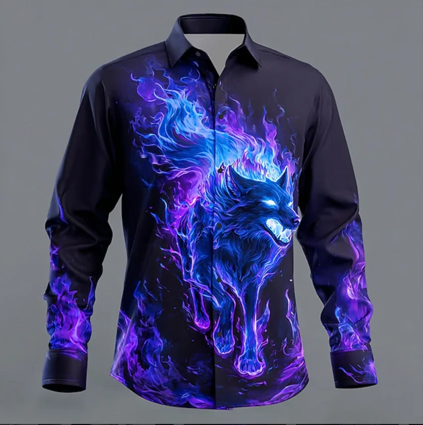 New black and red contrasting splicing 3D printed men's long sleeved shirt with lapel casual shirt clothing