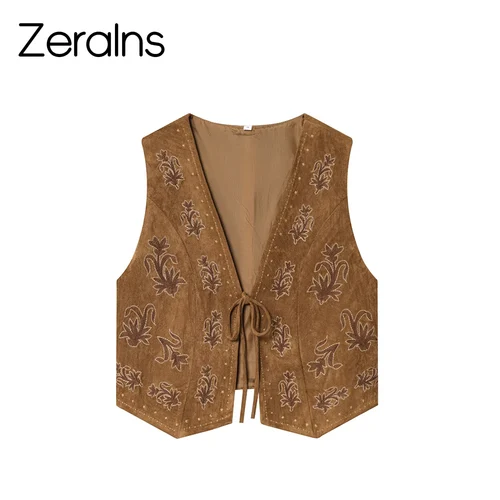 Imagen 2 del producto ZERAINS otoño nueva ropa de mujer estilo europeo y americano bordado de cuentas efecto textura de gamuza chaleco