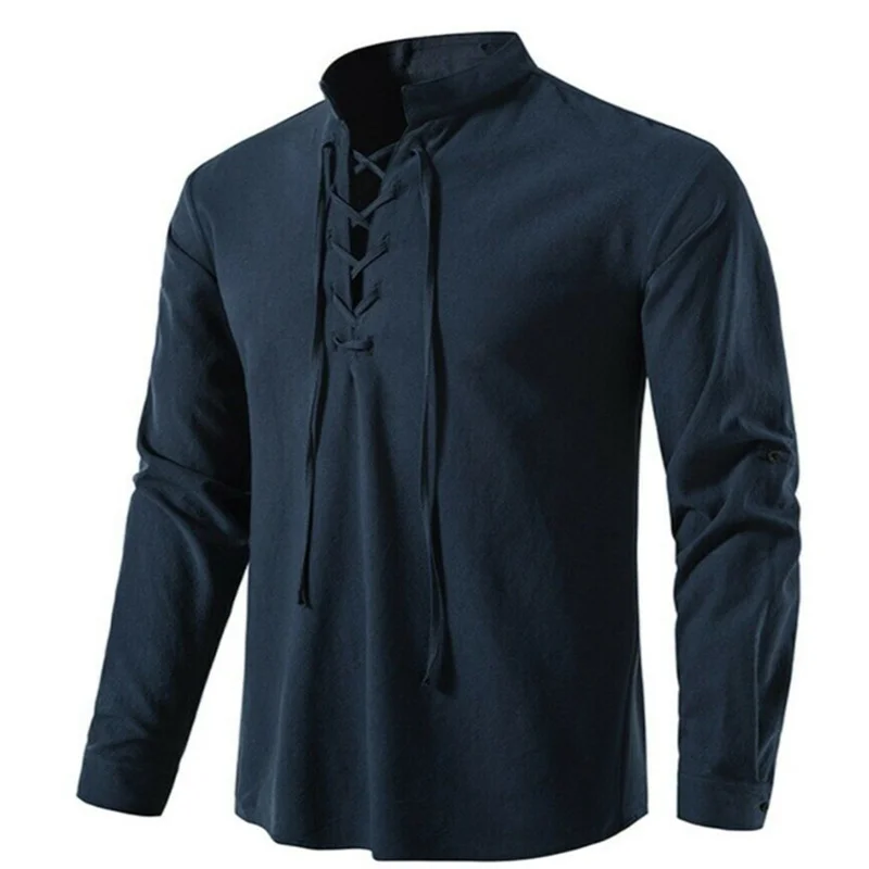 2024 New Men\'s V-neck shirt T-shirt Fashion Vintage Thin Long Sleeve Top men Casual Breathable Shirts man clothing tops