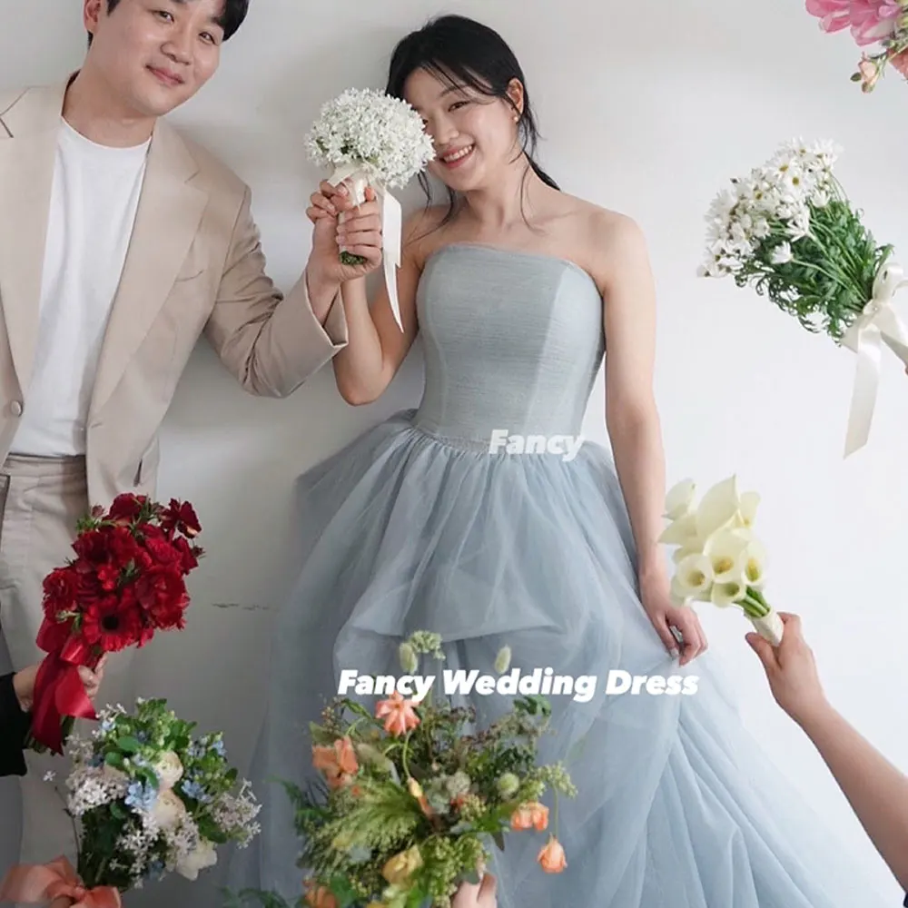 Fancy Princess Strapless Korea Wedding Dress Soft Tulle A Line Bridal Gowns Back Corset Customized 웨딩드레스