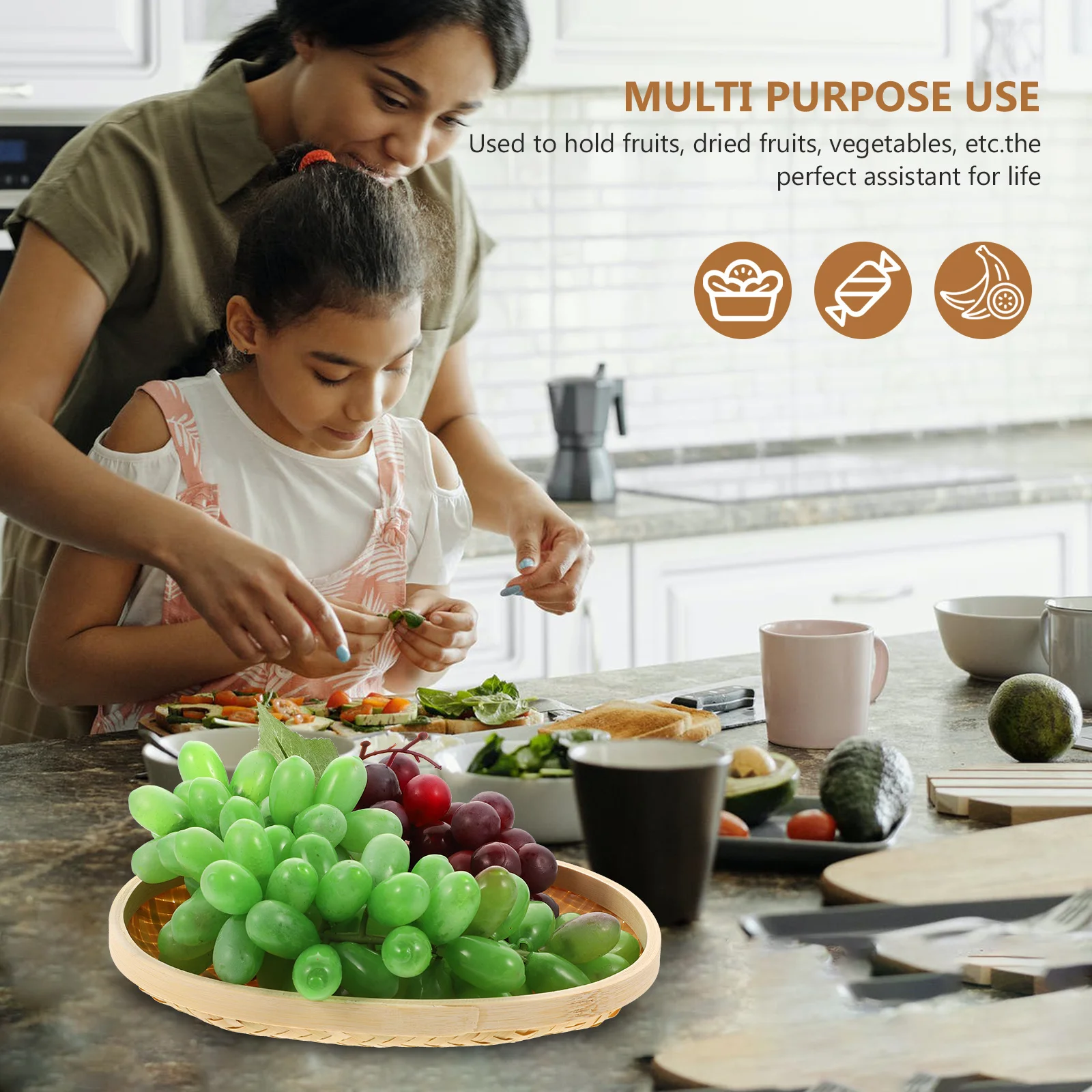 

1pc Round Bamboo Woven Basket Khaki Home Storage Basket For Kitchen Organizer Bread Fruit Egg Bun Serving Tray