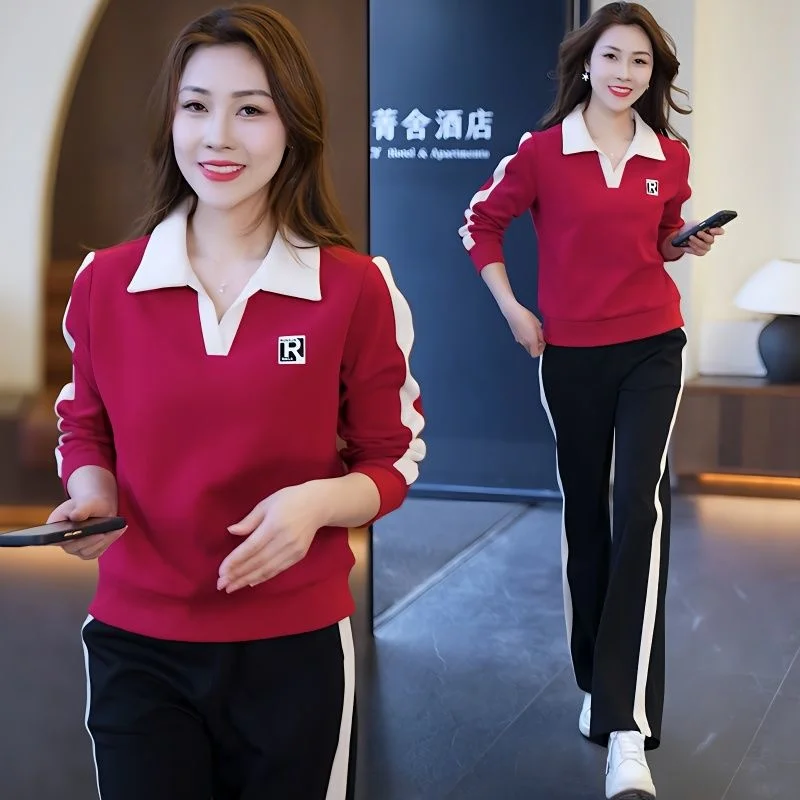 

Women's Casual Suit 2023 New Spring And Autumn Temperament Fashion Sportswear Lapel T-shirt Wide Leg Pants 2 Two Piece Set Lady