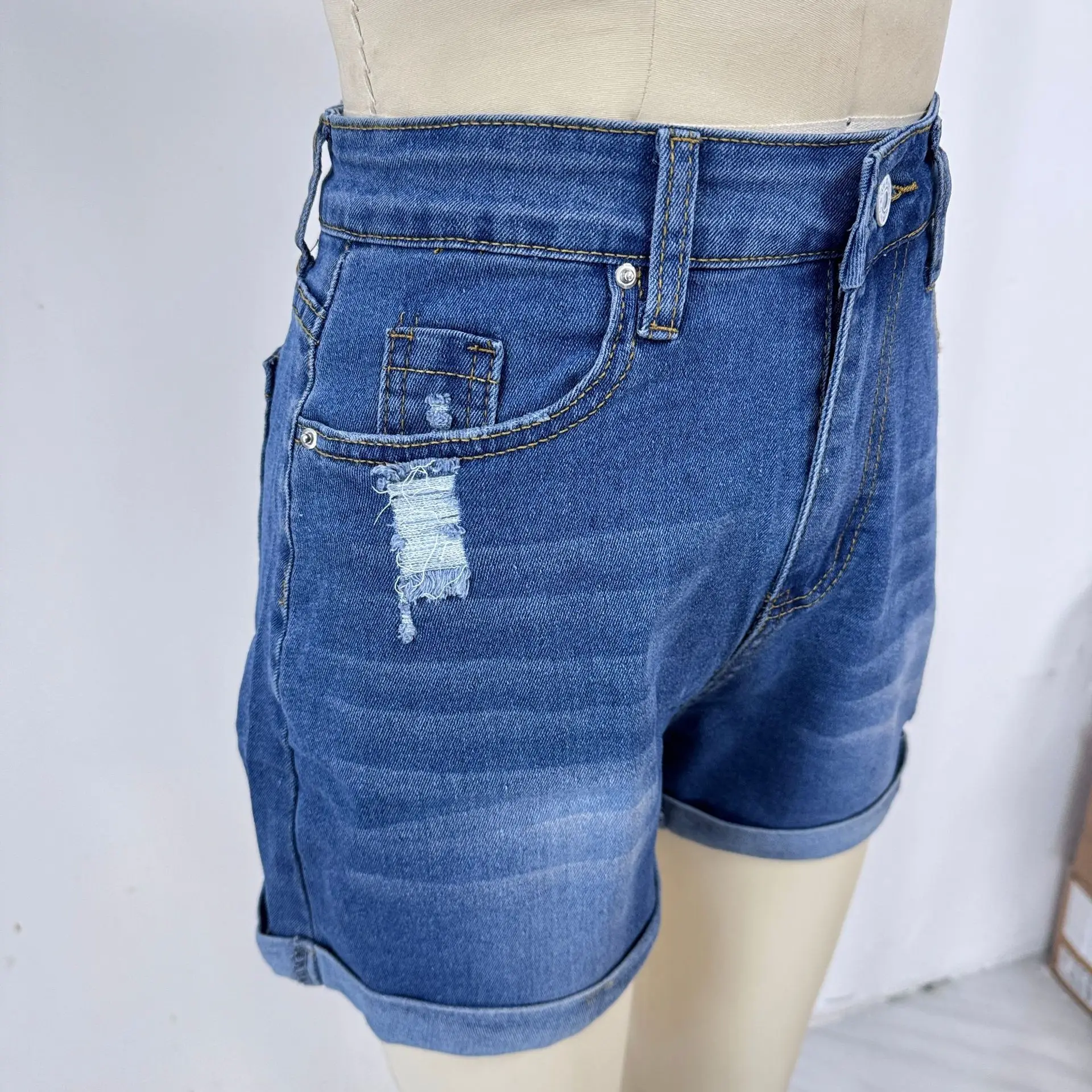 กางเกงขาสั้นกางเกงยีนส์ผู้หญิงStreetwear Denimsตรงกางเกงยีนส์กระเป๋าSplicedเอวสูงLady Elegantสั้นกางเกงSkinny