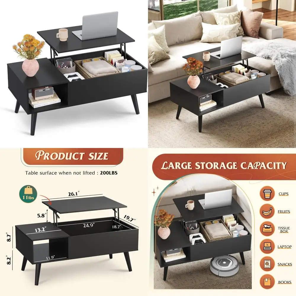 Mesa de centro de armazenamento ascendente para sala de estar - pequena mesa de centro de jantar de madeira com tampo elevatório e espaço de armazenamento