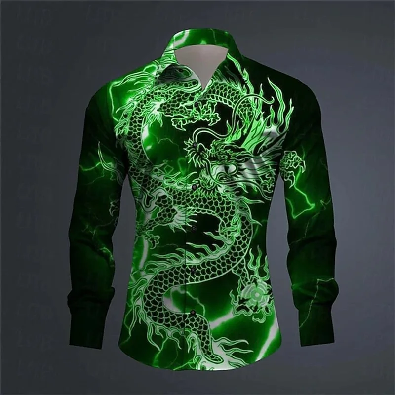 3D Prinetd Dragon Graphic Long Sleeve Shirts For Men Abstract Style Oversized Turndown Button Up Shirts New In Men Casual Blouse