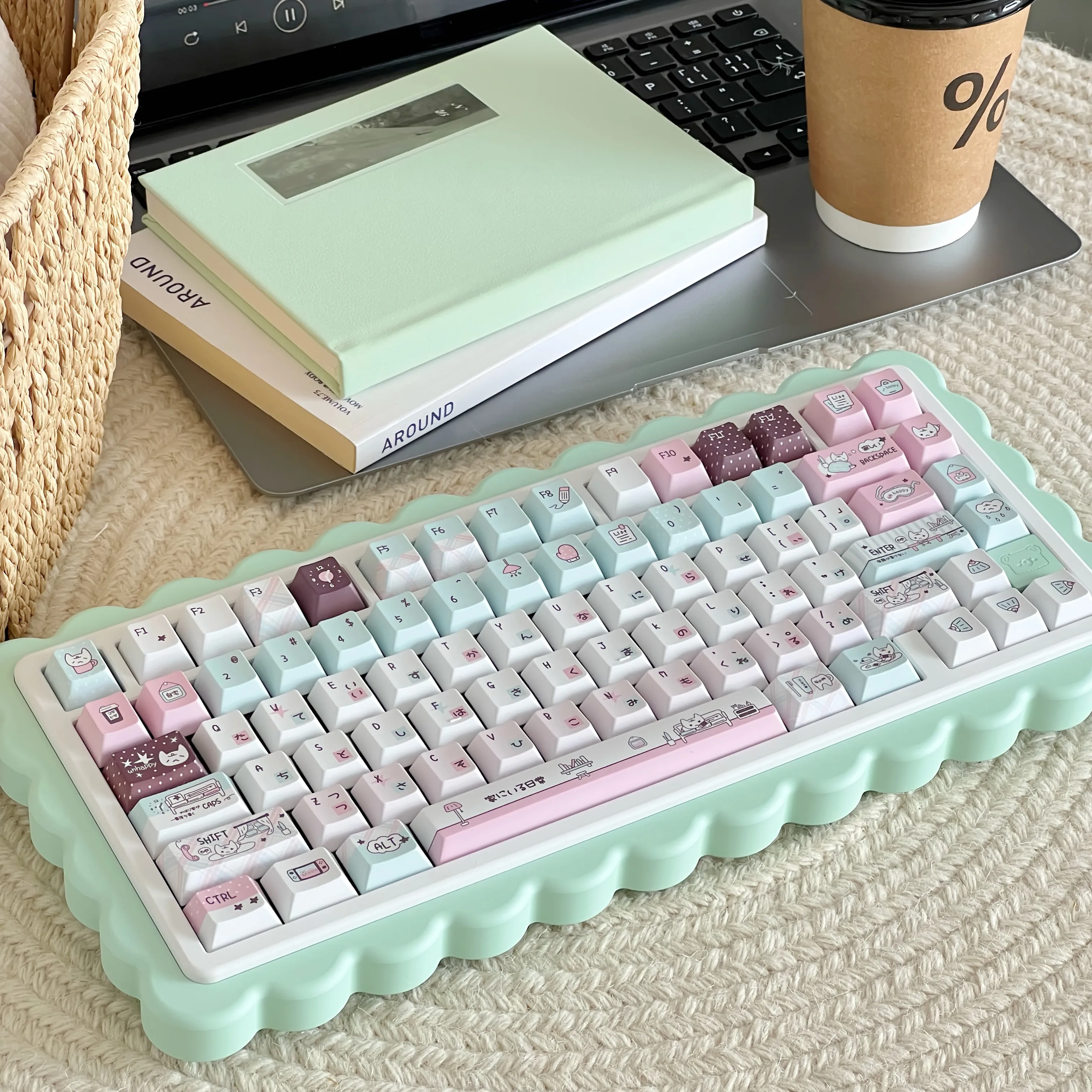 MAIMOOO Keycaps Home Decor Daily Keycaps Cherry Pbt Thermal Sublimation Keyboard Keycaps 130 Keys Light Green