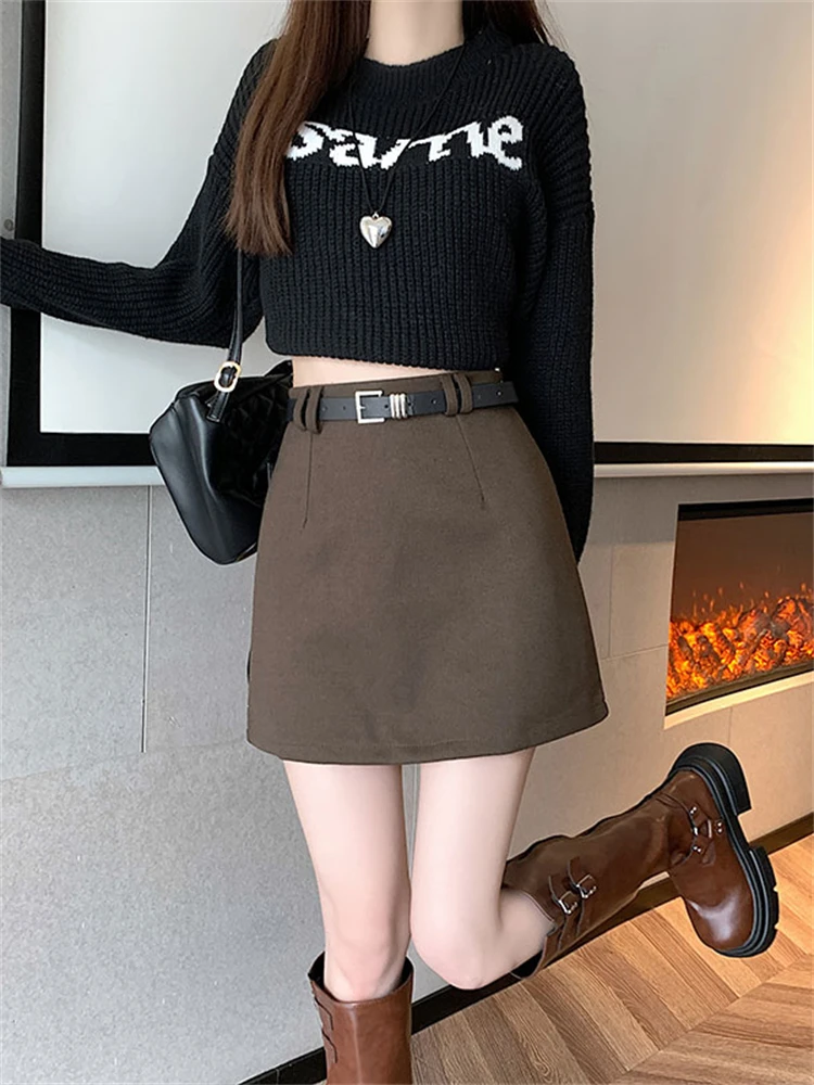 

Hong Kong Style Retro Woolen Skirt Women's plus Size Spring Autumn Versatile High Waist Slimming Anti-Light A-Line Half ...