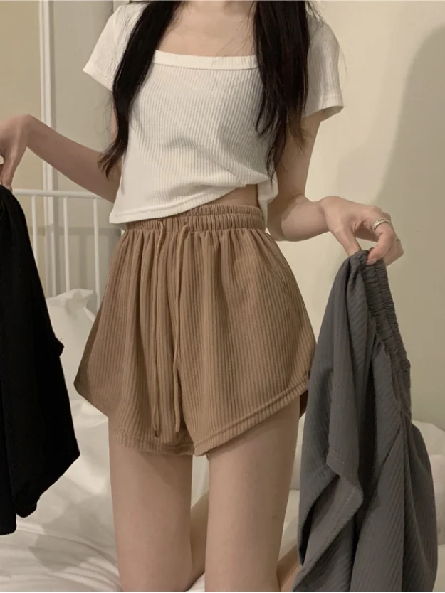 

Женские летние спортивные шорты с высокой талией и завязками, корейский стиль, новинка 2025 года, утягивающие, повседневные, модные, для активного отдыха