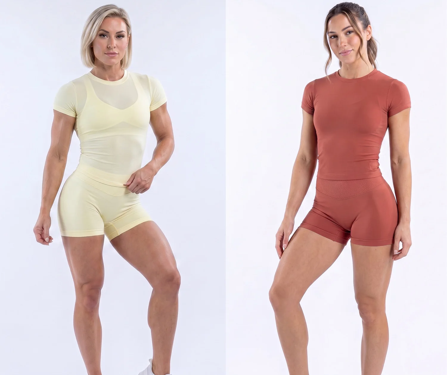 

Denyf Impact Women's 2-piece fitness suit, short-sleeved round neck T-shirt and high-waisted cycling shorts, cream-soft slim fit