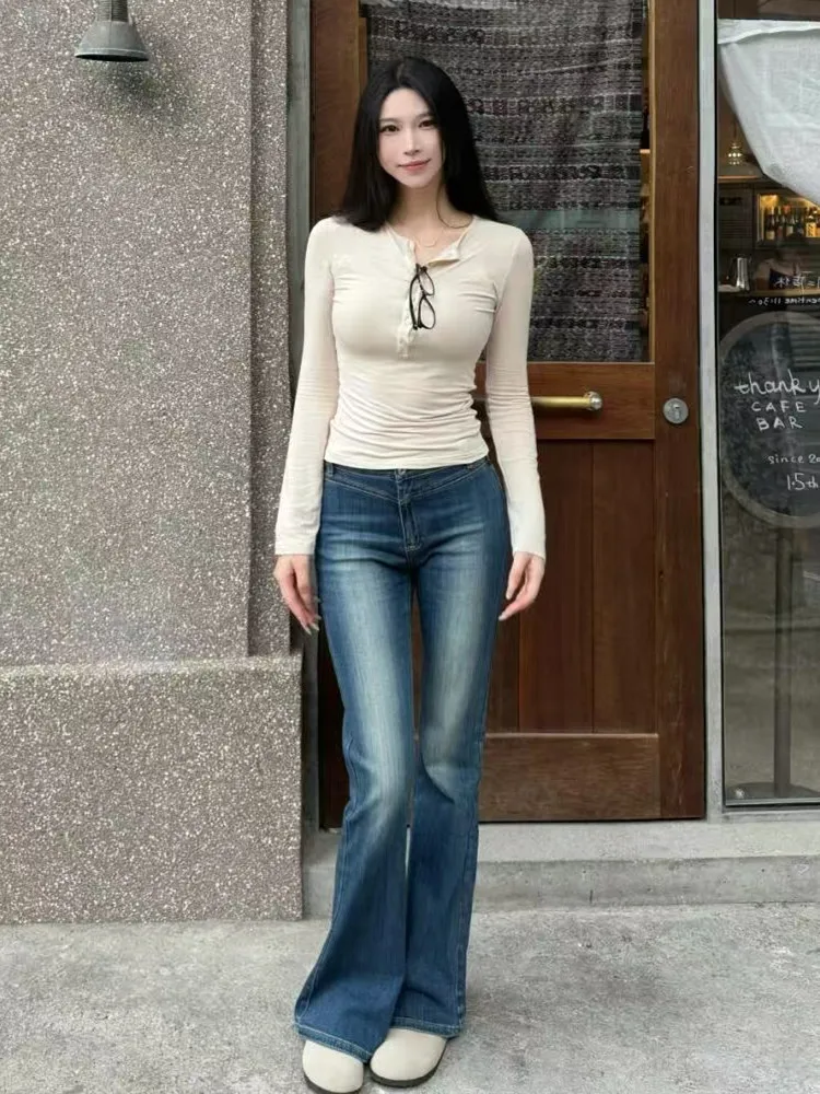 

American Style Vintage Deep Blue Bell Bottom Jeans Women's Slim Fit Elastic Tall Extended Autumn Winter Floor Length Pants