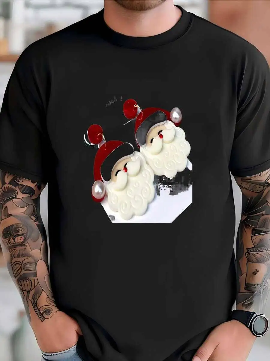 Mens 3D Santa Claus Earrings T-Shirt 100% Cotton Trendy Y2K Short-Sleeve Tee-Soft, Quick-Drying, Moisture-Wicking; Ideal for Sports or Casual Wear; Great Gift for Christmas or Halloween