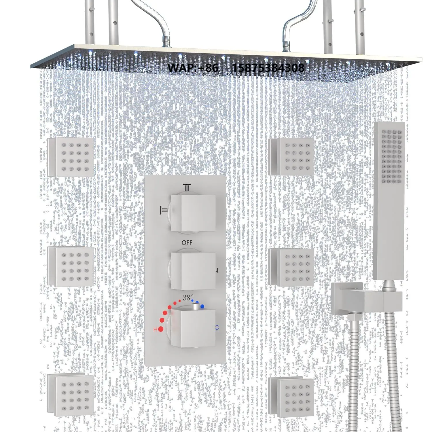 2 in 1 Large Mist Rain Shower with Thermostatic Brushed Contemporary Square Shower Head Bathroom Shower Set