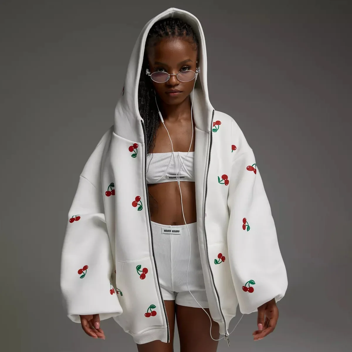 Cherry Print Sweater Jacket Autumn Women Street Style Fashion Loose All-match Sports Hoodie Women
