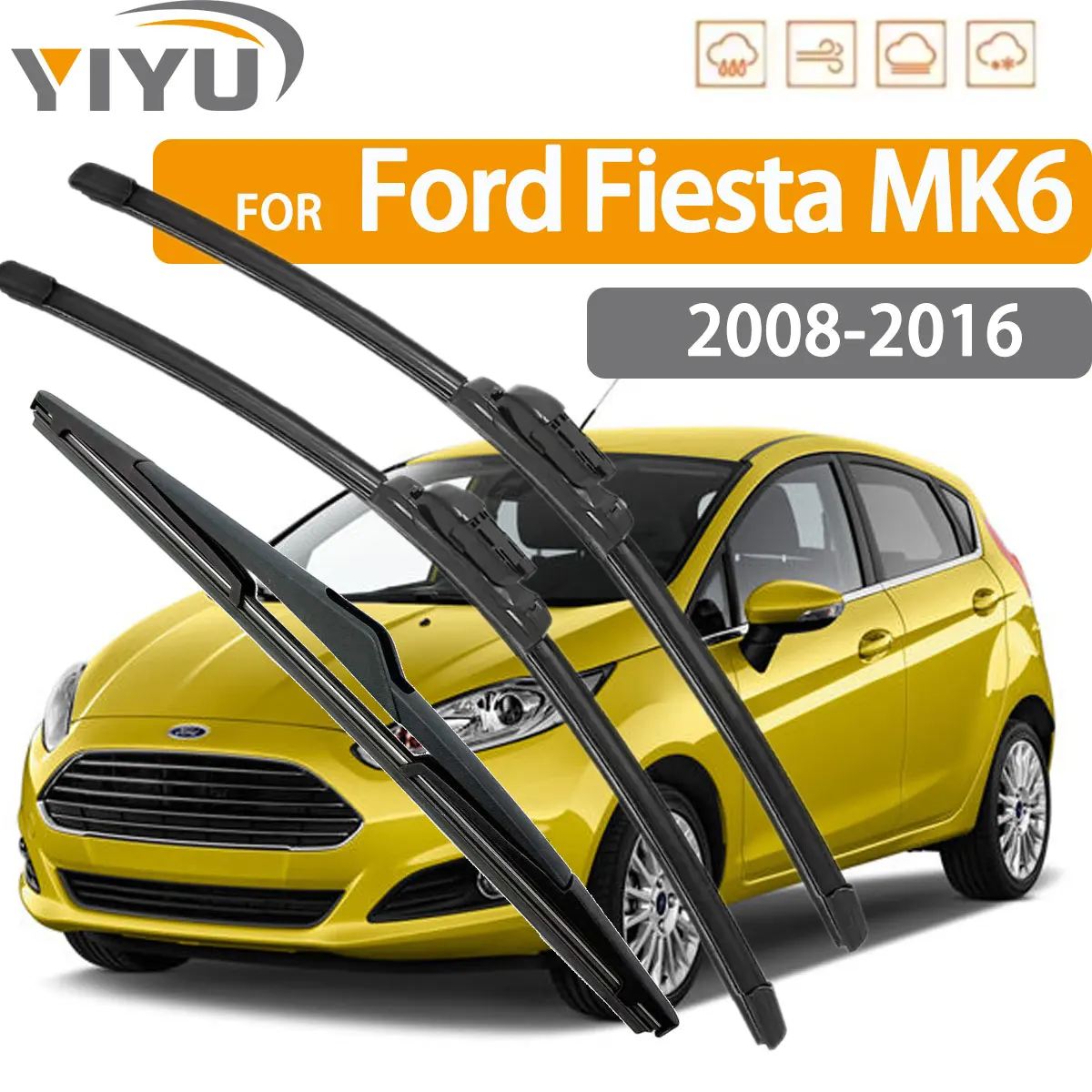 

3PCS Car Wiper For Ford Fiesta MK6 2008-2016 Front Rear Wiper Blades Brushes Auto Windscreen Window Accessories